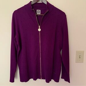 Anne Klein Mock Neck Purple Fuscia Gold Zipped Rinestone Cardigan Sweater